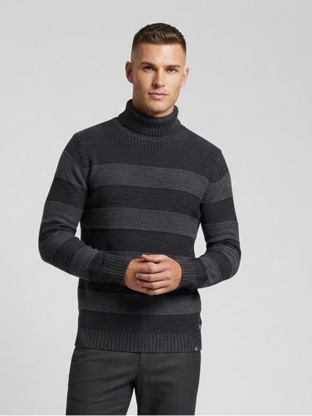 Point Zero Men's Gray & Dark Gray Striped Turtleneck Sweater XL